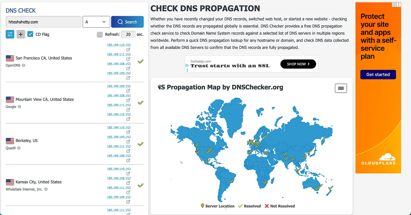Checking A record propagation status using Dnschecker.org