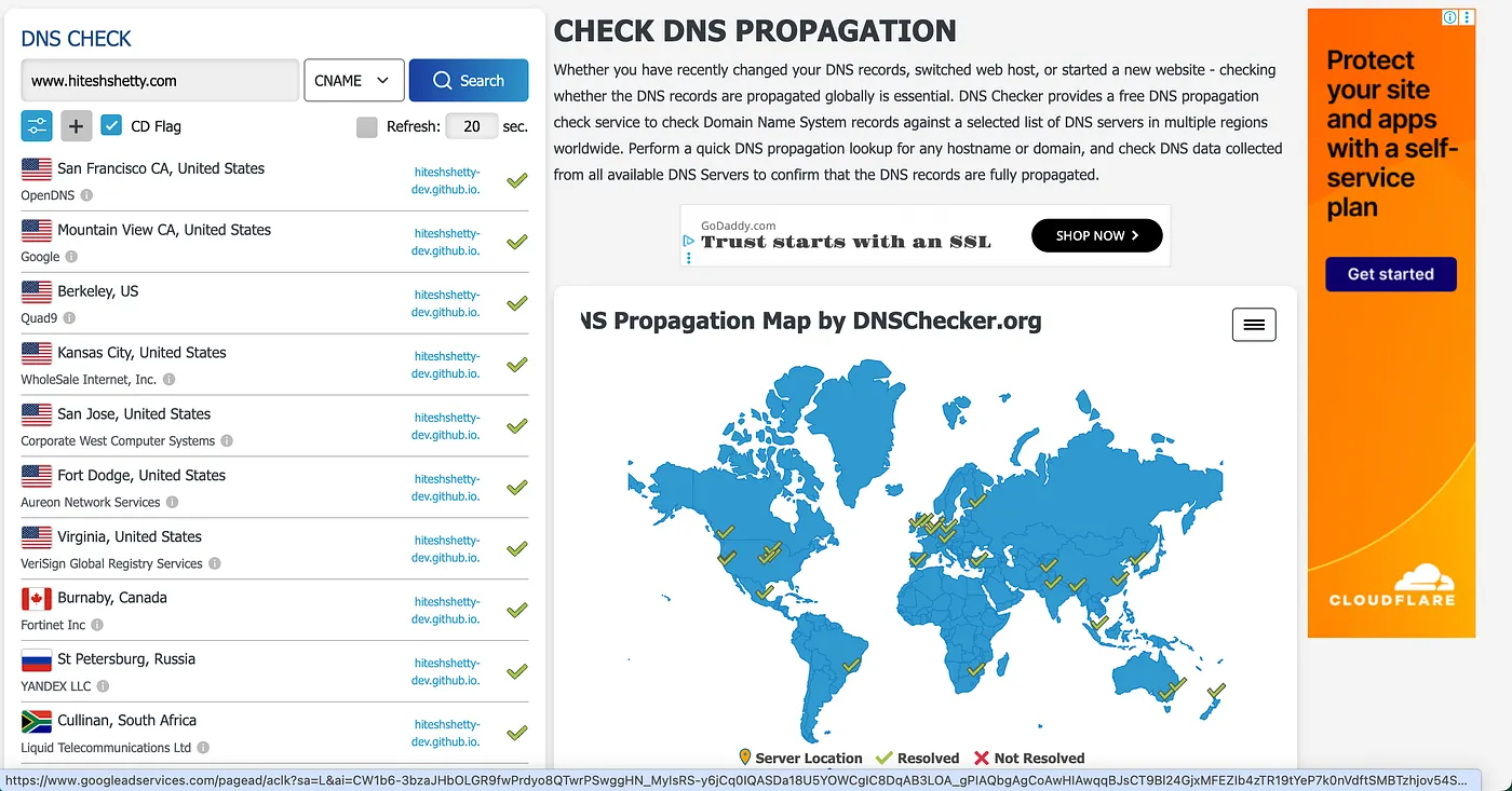 Checking CNAME propagation status using Dnschecker.org