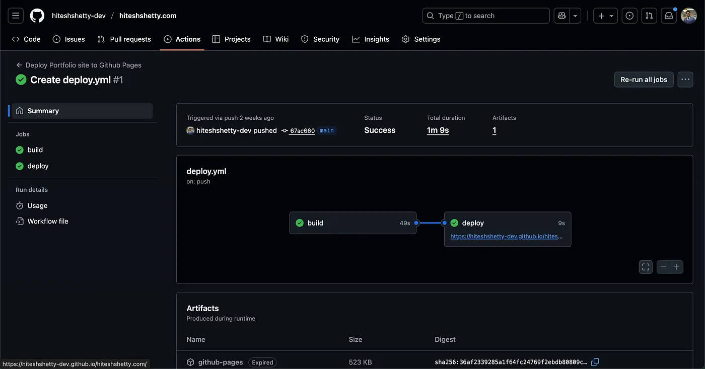 Preview of successful deployment through Github Actions