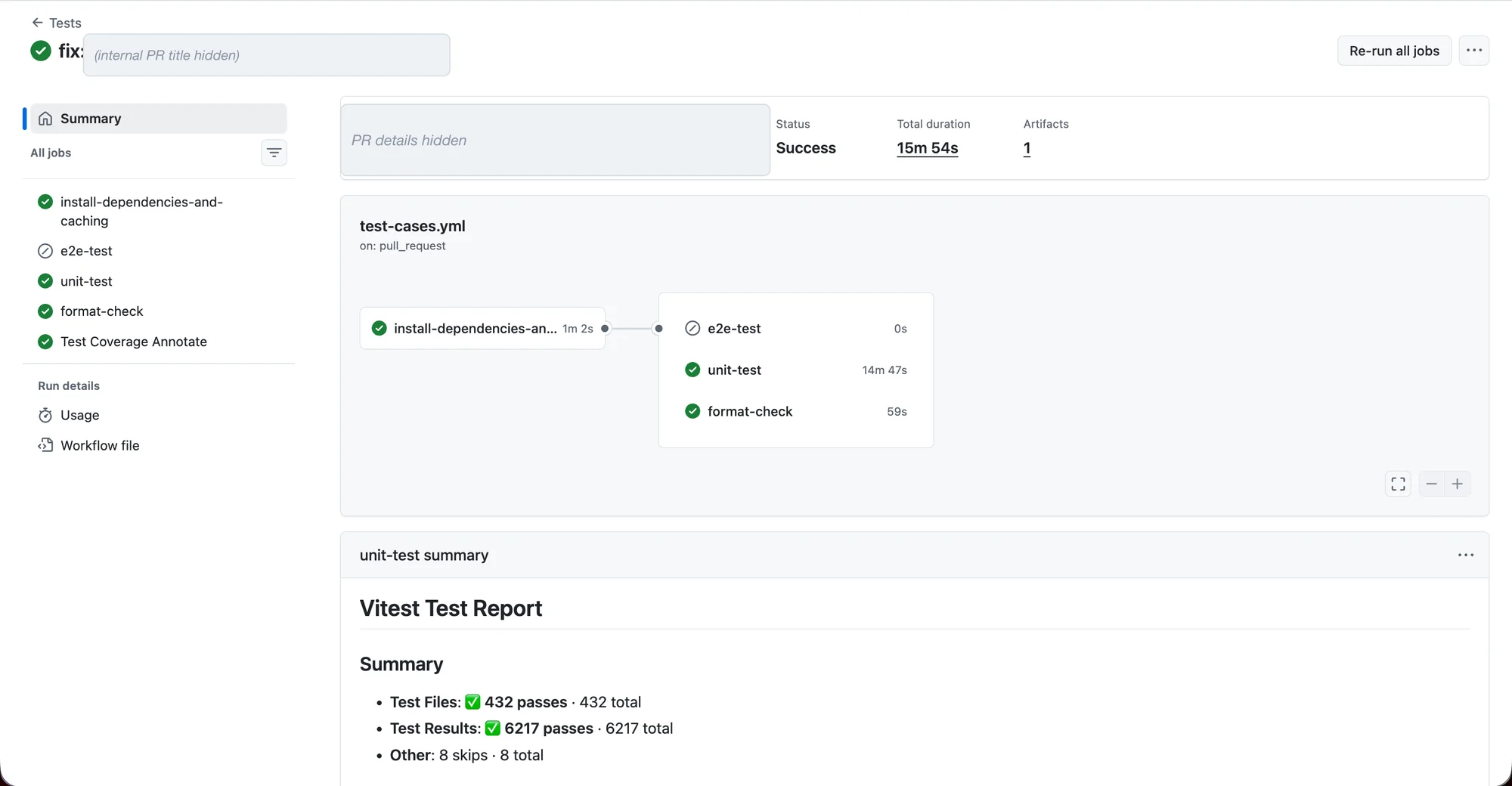 GitHub Actions run summary before sharding: a single unit-test job runs the whole suite in 14 minutes 47 seconds, with a total run time of 15 minutes 54 seconds, and the Vitest report shows 432 test files passing
